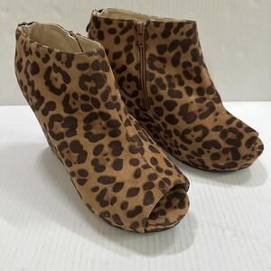 Torrid Bootie Boots Womens 10 Brown Leopard Faux Suede Ankle Wedge Peep Toe